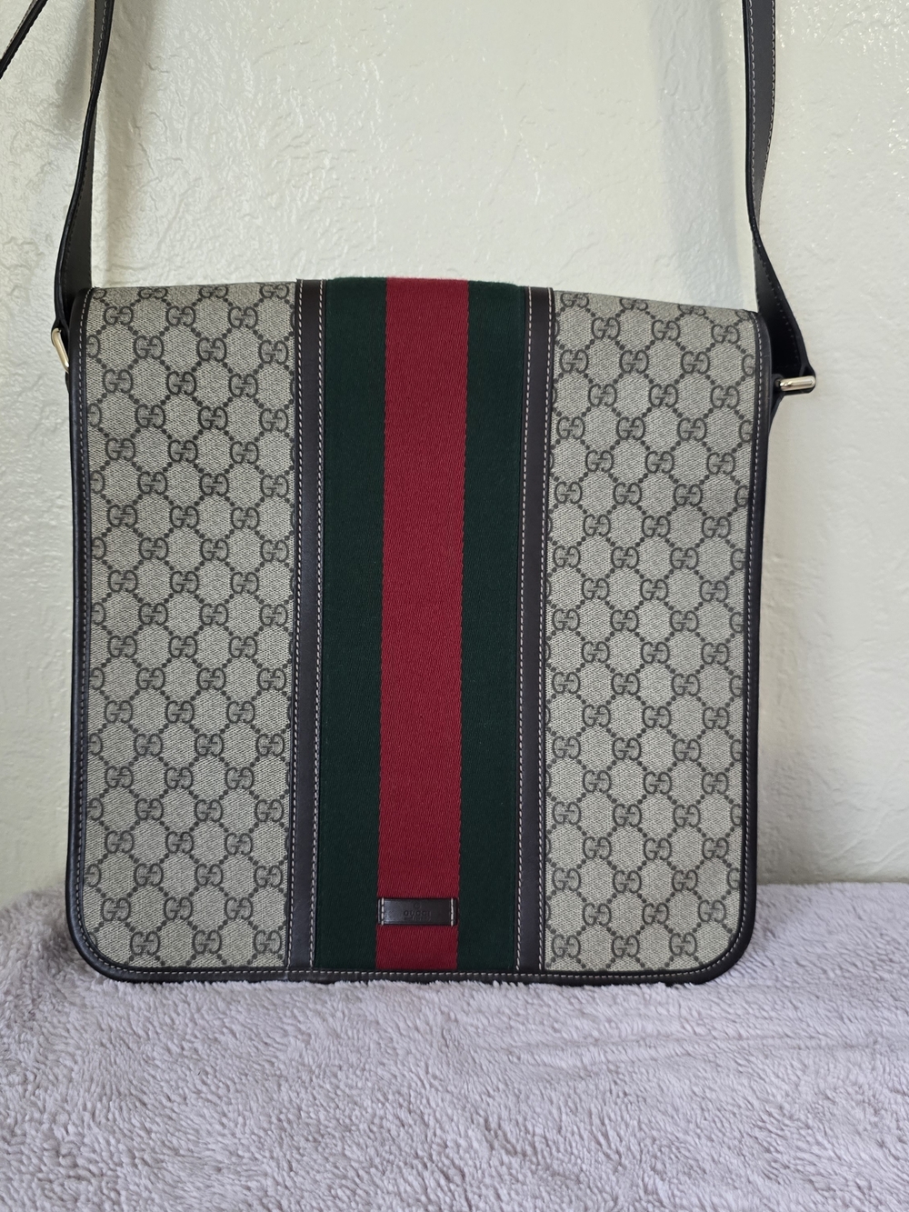 Authentic Vintage Gucci Large GG Supreme Web Flap Messenger Crossbody Bag